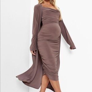 MOCHA MATERNITY STRAPPY COWL NECK DRESS AND DUSTER COAT